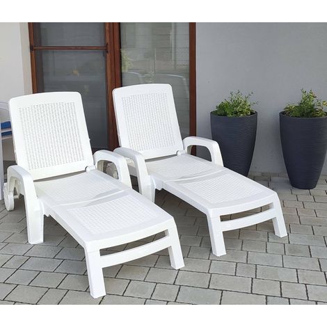 Bain au Soleil de Jardin réglable avec accoudoirs, Chaise Longue d'extérieur, 190x46h70 cm, Blanc (1/5)