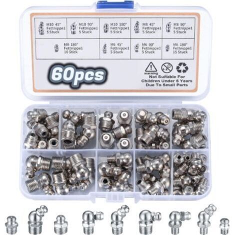 60 Pièces Assortiment de Graisseurs, Filetés de Graissage, M6 M8 M10 Raccords de Graisse, Raccords Filetage Mâle Graisseurs droit/45°/90° pour Équipement Mécanique graisseur a Visser
