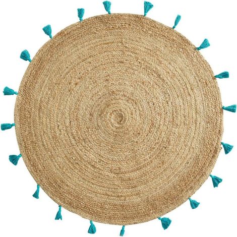 Tapis rond 120 cm jute pompons Shira turquoise (1/3)