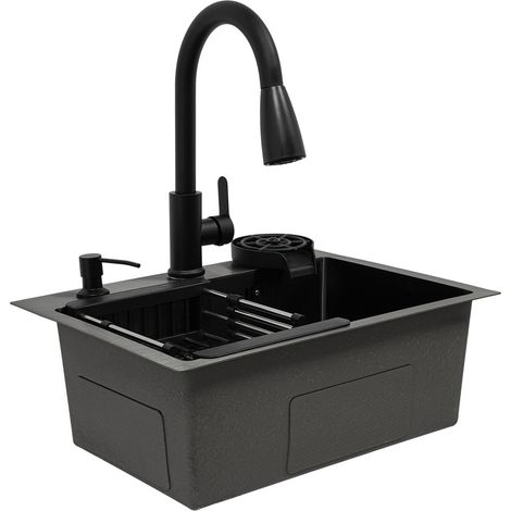 Évier entièrement noir, évier de cuisine, 50 x 40 x 20 cm, évier à cuve unique + robinet de cuisine extractible + ensemble d'accessoires (1/5)