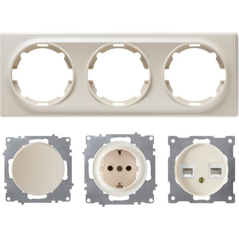 Plaque de finition 3 postes Florence + 1 Prise avec terre + 1 Interrupteur simple + 1 Prise RJ45 - beige (1/5)