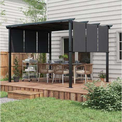 Pérgola de 357x296x235 cm con 3 toldos retráctiles, estructura de acero, para jardín y terraza, gris oscuro. (1/5)
