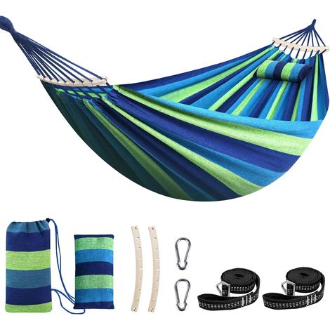 Baumwollhängematte – 1 Person – Spreizstangen – Belastbarkeit 300 kg – Camping & Garten – Mit Kissen und Gurten (1/5)