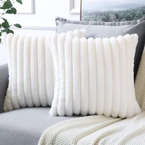 Federe in morbidissimo velluto felpato 45x45 cm – Set da 2, beige e bianco, per letto, divano o decorazione d'interni.