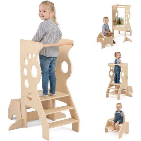 Tour d'apprentissage enfant en bois 2 en 1 avec barres amovibles et tabouret 2 marches pour cuisine, salle de bain et salle de jeux (1/5)