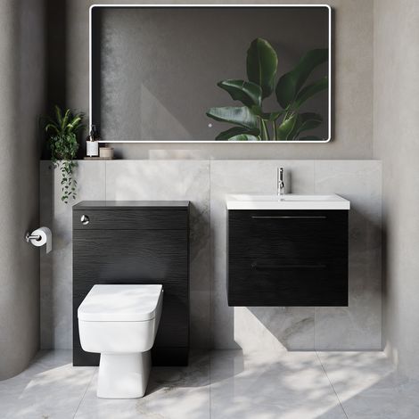 Napoli 390 Cento Nero Oak 1200mm Wall Mounted 2 Drawer Vanity Unit and Toilet Suite with Glide Basin - 1200mm - Chrome 320mm HandleWith Kingston Toilet Pan and Seat