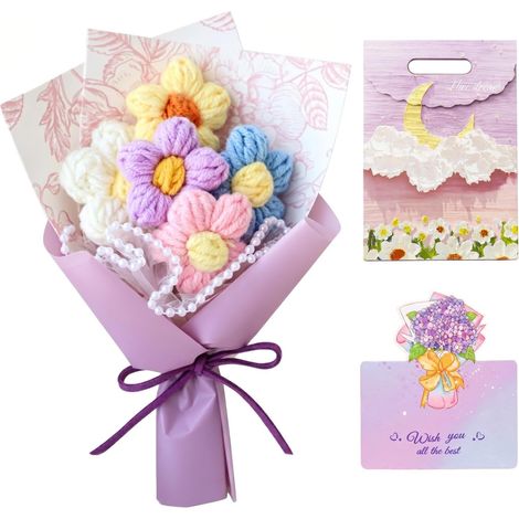 1 Set Mini Bouquet De Fleurs – Bouquet De Tulipes Au Crochet Avec Pochette & Carte, Fleurs Artificielles Tulipe & Marguerite, Pour Fête Des Mères, Saint‑Valentin, Anniversaire, Mariage (1/5)