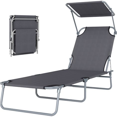 Transat pliable et confortable avec dossier multi-réglable et pare-soleil ajustable, dimensions : 187 x 58 x 36 cm (L x l x H), gris