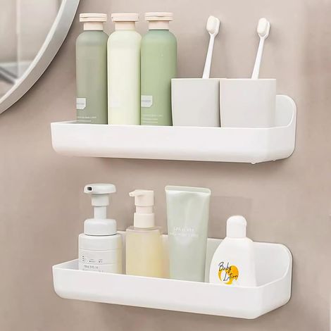 Duschregal 2er Set - Klebefrei & Bohrfrei - Plastik Duschkorb für Shampoo, Duschgel - Weiß - Badezimmer Regal Organizer für Bad & Küche (1/5)
