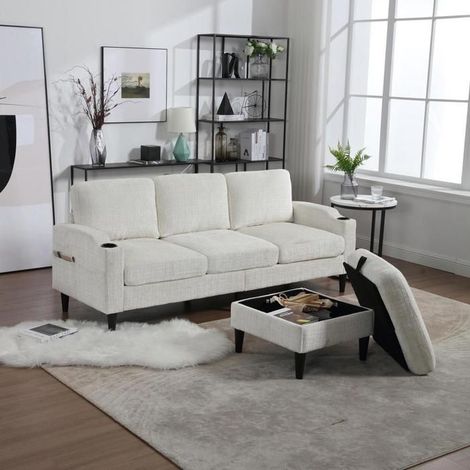 Canapé 4 places - KOMHTOM - Droit - Chenille beige - Pouf rangement - Accoudoirs porte-gobelets (1/5)