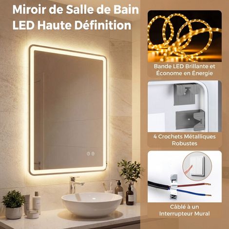 Installation verticale ou horizontale, miroir LED salle de bain 80x60 cm avec anti-buée, variateur et 3 couleurs (1/5)
