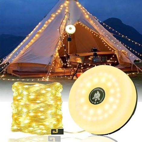 Guirlande lumineuse de camping - 10 mètres - Étanche IP44 - Rétractable - Rechargeable - Blanc chaud Guirlande lumineuse extérieure - Lumières - Guirlande lumineuse - Lampe de camping - Lampe de tent