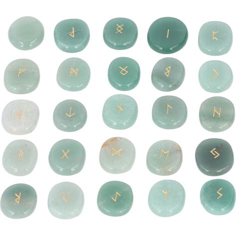 Lot de 25 pierres runiques naturelles polies gravées pour divination, guérison des chakras, en fuchsite et quartzite, pierres de méditation lisses. (1/5)