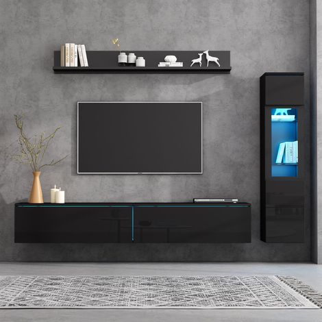Ensemble meuble TV mural 3 pièces 180 cm avec vitrine et étagère, LED RGB, noir, panneaux de particules (1/5)