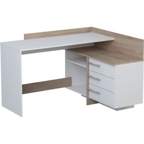 Bureau d'angle 3 tiroirs - Décor chene et blanc - L 128,5 x P 105,7 x H 83,2 cm - THALES (1/4)