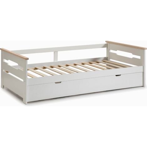 Lit banquette gigogne 90x190 en MDF laqué blanc et pin massif naturel - ELISIANE