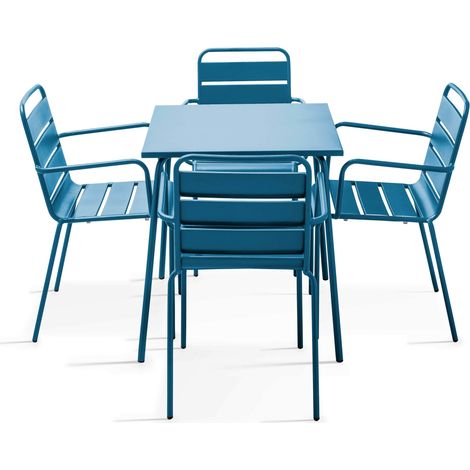 Ensemble table de jardin carrée et 4 fauteuils acier bleu pacific - Palavas (1/5)