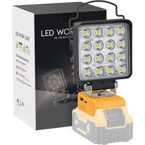 Lampe de travail LED sans fil longue portée avec USB compatible avec Dewalt 18V Li-ion batterie,lampe de poche multifonction 48W 4800LM (1/4)
