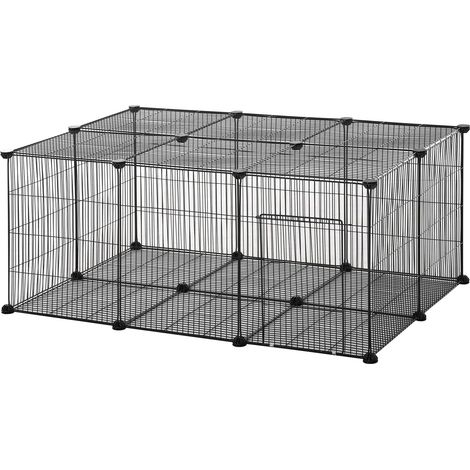 Pawhut Modulares Gehege für Kaninchen und Kleintiere, 22 Metallpaneele mit Tür, Schwarz, 105 x 70 x 45 cm