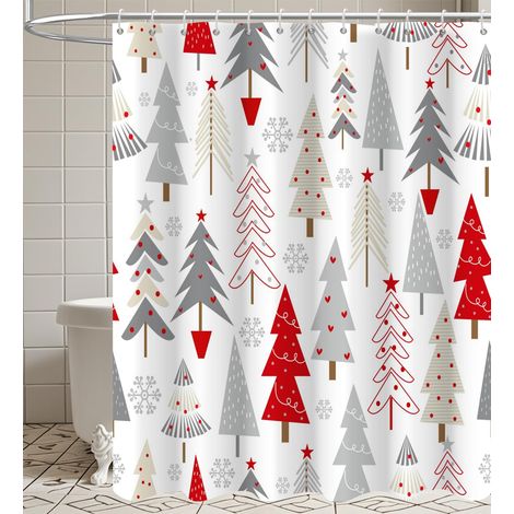 180 x 180 cm großer Duschvorhang mit Weihnachtsmotiv, Weihnachtsmann und Rentier, Badezimmer-Dekorationsset, wasserdichtes Material, inklusive 12 Haken