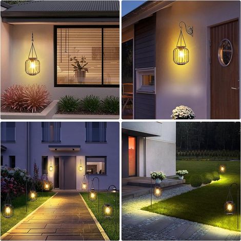 Lot de 2 lanternes solaires suspendues, lampes solaires d'extérieur en métal, éclairage extérieur décoratif étanche pour l'extérieur, patio, allée de jardin, porche, blanc chaud (1/5)