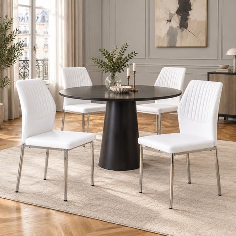 MODFU – Set de 4 sillas de comedor 93 cm de metal y PU con respaldo acanalado acolchado, patas plateadas y asiento de espuma 5 cm – Blanco y plateado (1/5)