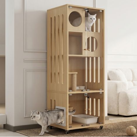 Casa para gatos 60x50x156 cm de MDF y vidrio natural con ruedas para salón - MEUBLIV (1/5)