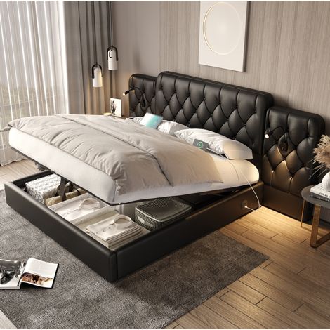 Lit coffre 160x200 cm avec tête de lit avec lampes de lecture et ports USB, en tissu, noir, sans matelas (1/5)