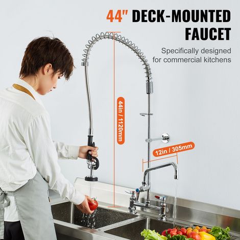 Robinet cuisine professionnel à pulvérisateur pré-rinçage, 112 cm haut, entraxe 20 cm, bec 30 cm orientable, montage sur plan de travail, laiton avec douchette, évier 1/2/3 bacs (1/5)