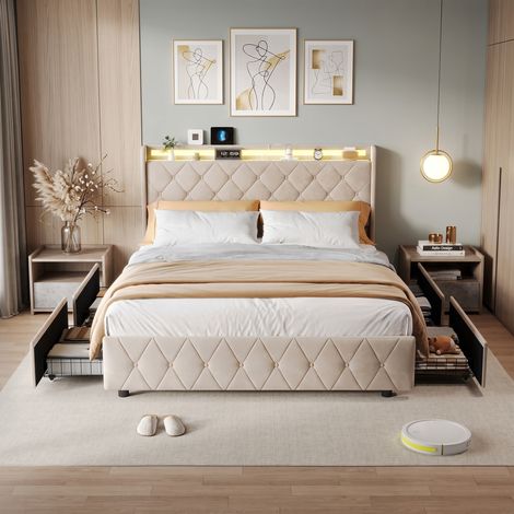 Superaly Lit double capitonné 160x200cm, avec 4 Tiroirs de rangement, Éclairage LED, Port USB, Sommier à lattes, Convient aux adolescents et aux enfants, Velours, Beige (1/5)