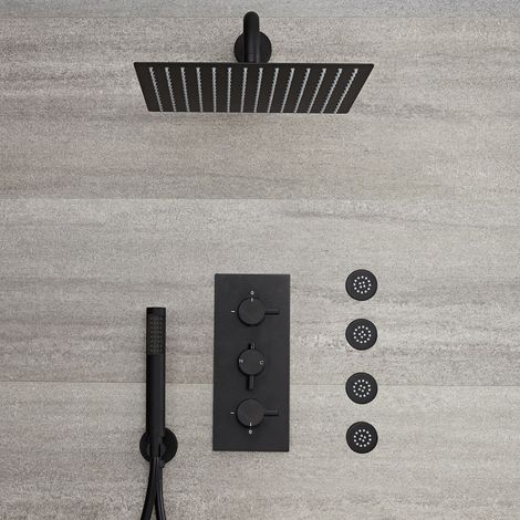 Hudson Reed – Colonne de douche encastrée – Mitigeur thermostatique noir mat – Pommeau carré 30 x 30cm – Douchette et buses hydromassantes (1/5)