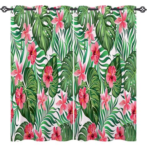 Rideau Occultant Tropical Feuille de Palmier Fleur Rideau Thermique Isolant Draperies Intérieurs Tenture Opaque à Oeillets pour Maison Chambre Salon Fenetre 2 Pièces L 140 x H 160 cm - 140L X 160H cm (1/5)