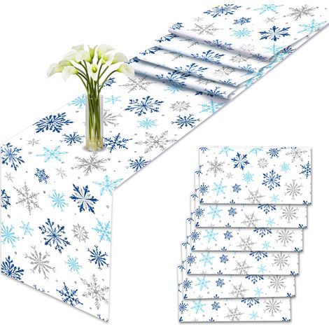 Lot de 6 chemins de table blancs - Flocons de neige - Décoration pour Noël, hiver, vacances, anniversaire, fête d'anniversaire - 275 x 35 cm (1/5)