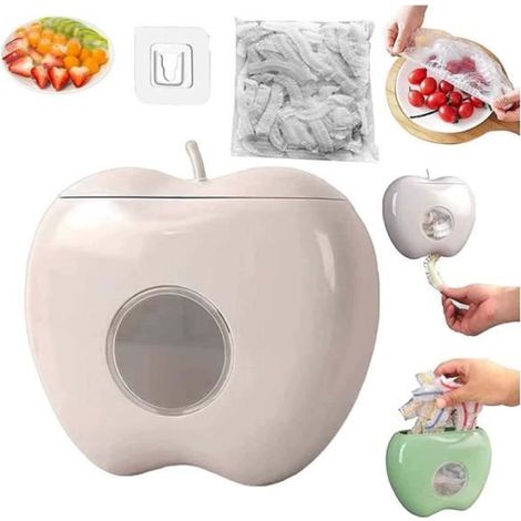 Boîte de rangement pour film plastique avec 100 films étirables, perforation en forme de pomme pour cuisine et salle de bain (gris) (1/4)