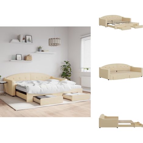 Lit de jour avec gigogne et tiroirs crème 100x200 cm tissu - Canapé Convertible - Lit Gigogne - Meuble Multifonctionnel - Lit D'appoint - Rangements Intégrés (1/5)