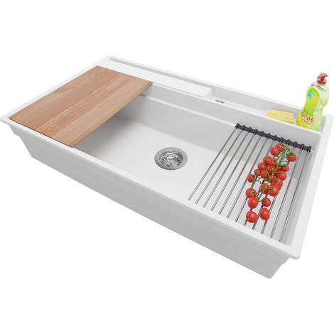 PRIMAGRAN Evier Cuisine en Granit 88x53cm, Lavabo 1 bac + Kit de Vidage + Accessoires, Évier à Encastrer au meuble 90cm - Oslo Pocket, Blanc (1/5)