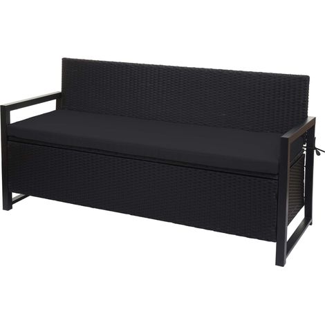 Poly-Rattan 3er Sitzbank HHG-596, Gartenbank Truhenbank, Staufach Aufbewahrung Sitzkissen anthrazit, Kissen schwarz
