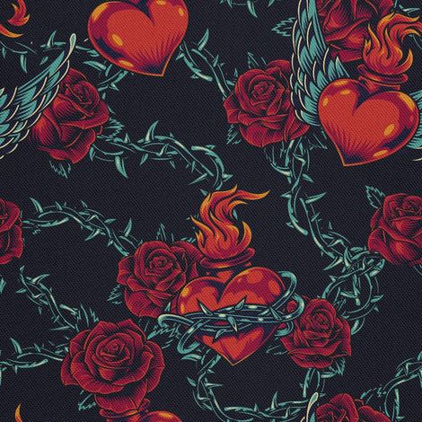 Telas decorativas para exteriores Oxford - motivo de corazones, rosas y alambre de púas (1/5)