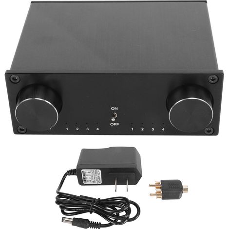 HiFi-Zweikanal-Audio-Umschalter mit 4 Eingängen und 4 Ausgängen, vergoldete Cinch-Anschlüsse, geräuschloses und verlustfreies Schalten, 100–240-V-Netzteil, US-Stecker (1/5)