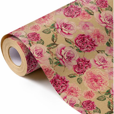 Rollo de papel kraft de 0,43 metros de ancho y 5 metros de largo, recortable al tamaño deseado e ideal para envolver regalos. Estampado floral grande. (1/5)