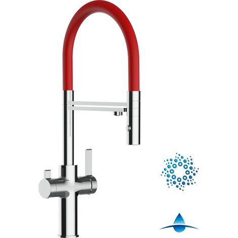Robinet de Cuisine Mitigeur 4 Voies chromé pour système de carbonatation et filtration/purification d'eau bec rouge orientable et douchette 2 jets détachable FC VIZIO (1/5)
