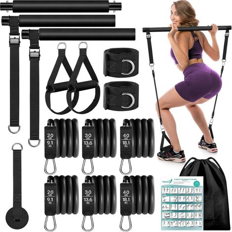 FLITI Pilates Bar Kit with 6 TPE Resistance Bands 20-180lbs 90cm Bar Black Pink Full Body Workout Set (1/5)