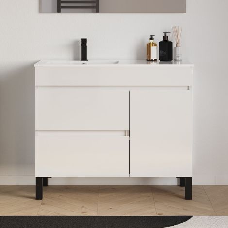 Meuble de salle de bain 100cm sur pieds avec vasque déportée à gauche - sans miroir - porte et tiroirs - blanc brillant - LAZARO (1/5)