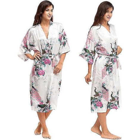 Langer Kimono-Morgenmantel für Damen aus weichem, luxuriösem Seidensatin, Nachtwäsche – Größe L – Weiß