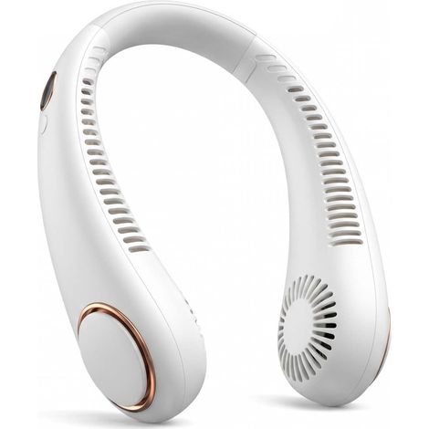 Ventilateur de cou portable sans pales, mains libres, flux d’air rafraîchissant 360°, rechargeable USB, 5 vitesses, silencieux et léger, idéal sport, voyage, loisirs et extérieur Blanc