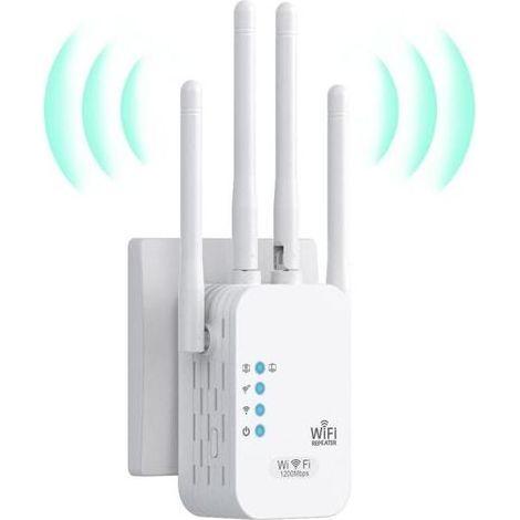Repeteur WiFi Puissant, Amplificateur WiFi 1200Mbps Double Bande 5GHz/2.4GHz, Répéteur WiFi 4 Antennes, 2 Ports LAN, WiFi Extender Compatible avec Toutes Les Box Internet (1/5)