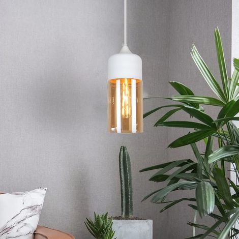 Pendelleuchte Moderne, Hängelampe mit Lampenschirm Braunes Glas, Kronleuchter E27 für Küche Wohnzimmer Schlafzimmer Korridor Weiß - Ø13cm Zylindrisch