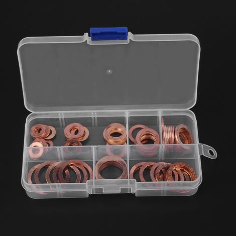 Kit de 80 bouchons de vidange en cuivre massif avec rondelles assorties, comprenant une boîte pour l'entretien des moteurs de garage.