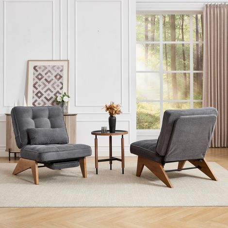 Fauteuil relax moderne en tissu – dossier réglable, repose-pieds et coussin lombaire, pieds bois, salon ou chambre (1/5)