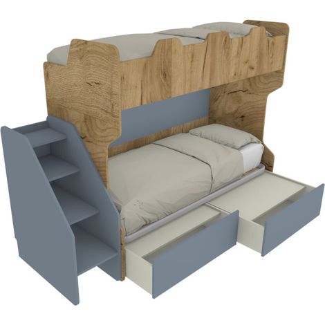 Letto a castello salvaspazio con terzo letto estraibile e scala laterale - Ideale per camerette - Quercia e Avio